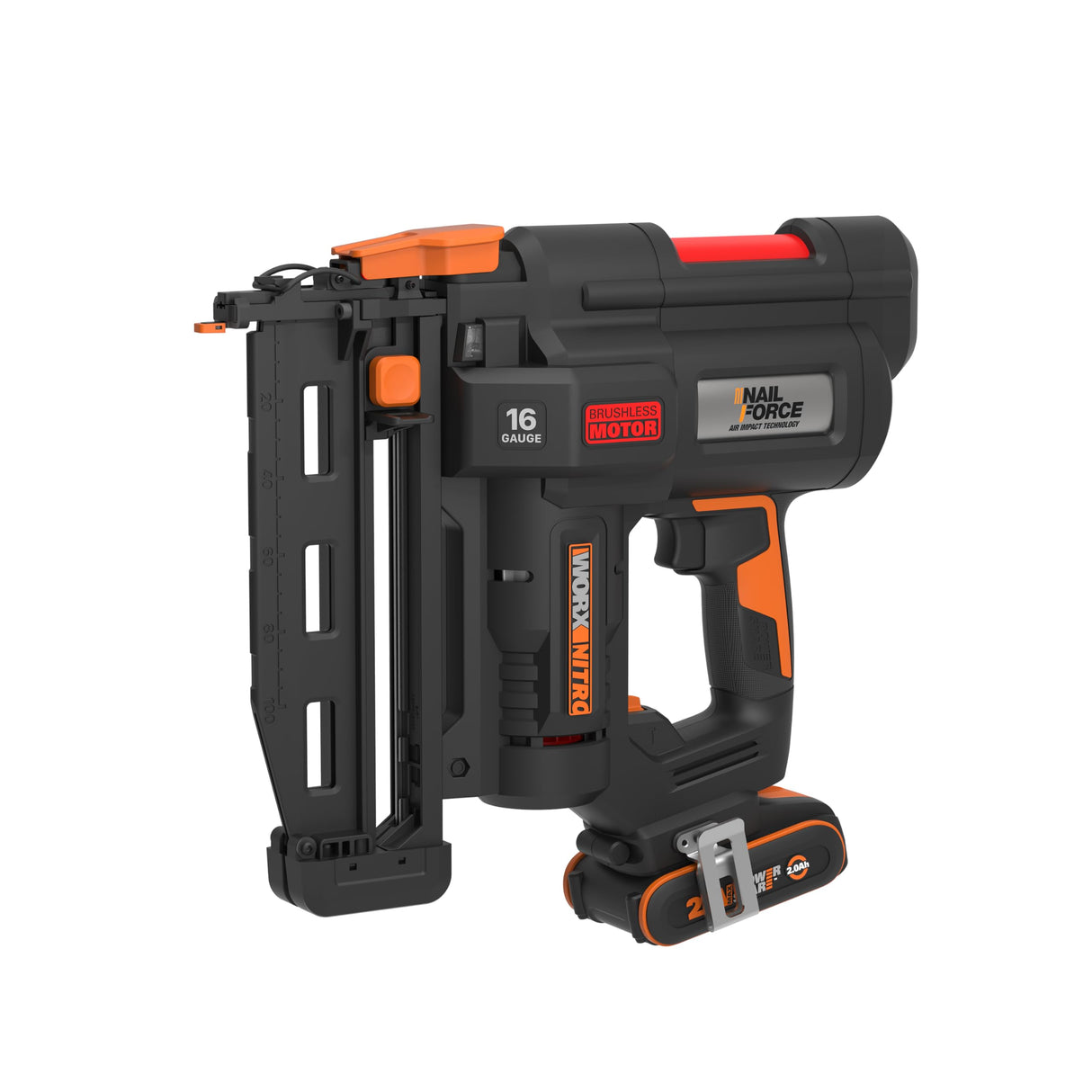 WORX WX841 Nitro – Clavadora eléctrica inalámbrica 20 V – 2 Ah – Tire hasta 80 clavos por minuto – Hasta 64 mm en la madera – Desbloqueo sin herramientas – (incluye batería y cargador| 200 clavos