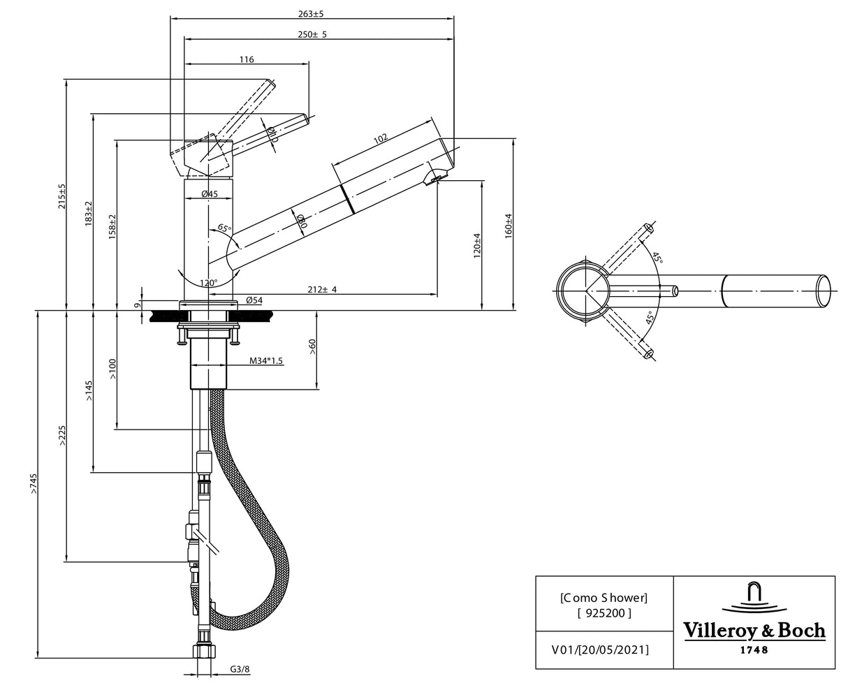 Villeroy & Boch Como Shower grifería de cocina, alta presión, grifo de cocina con rociador extraíble y radio de giro de 120°, grifo de fregadero de bajo consumo, altura del caño 120 mm, antracita