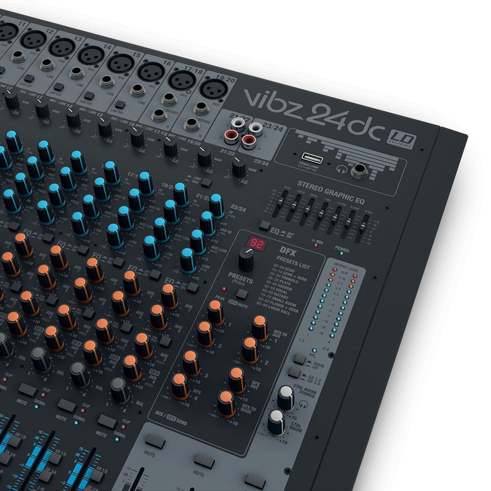 LD Systems VIBZ 24 DC - Mesa de mezclas de 24 canales con sección de efectos digitales y compresor