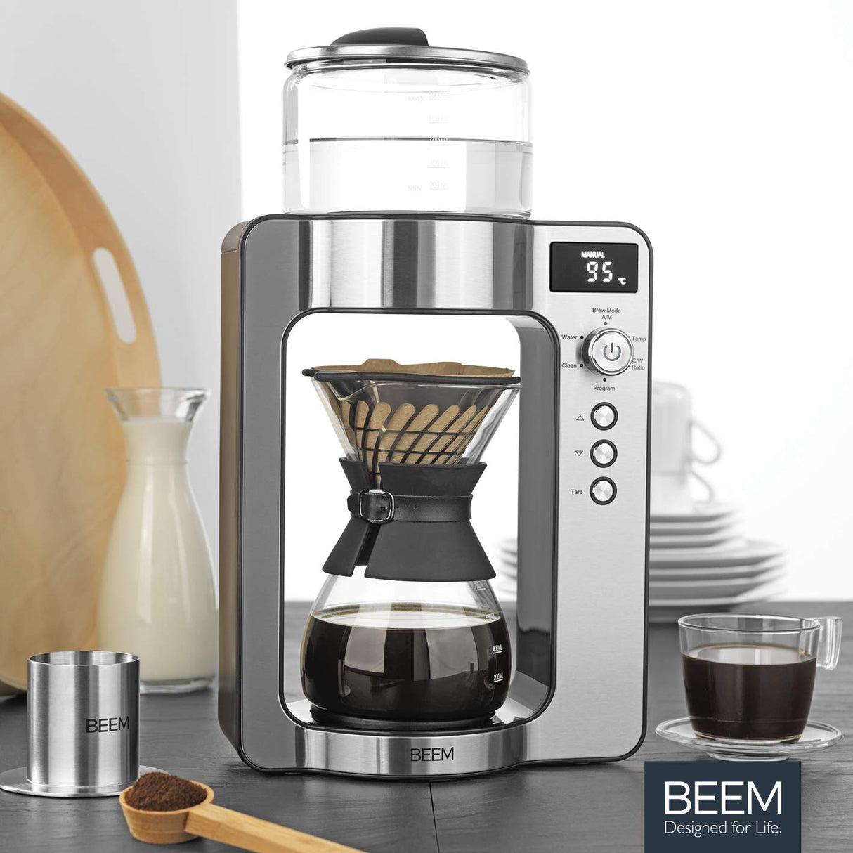 Beem Basic Selection Pour Over - Cafetera goteo con báscula de cristal, de acero inoxidable, jarra de café de 0,75 L, con principio de preparación directa, con cabezal giratorio