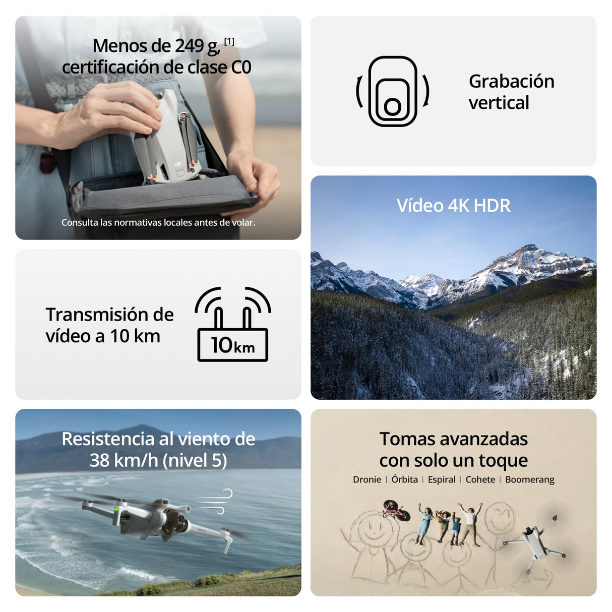 DJI Pack Mini 3 Vuela Más (RC) – Dron Mini con cámara ligero y plegable con vídeo 4K HDR, 38 min de tiempo de vuelo, Grabación vertical y funciones inteligentes, Color Gris, C0