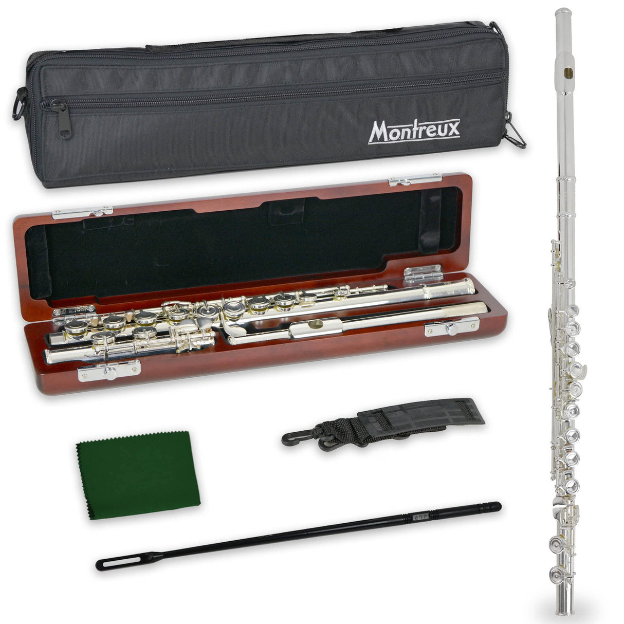 Montreux Concert Series Intermediate Advanced Flauta Con Placa Labial De La Articulación De La Cabeza De Plata Sólida,Premium Y Bolsa De Transporte - Cuerpo Plateado, Offset G, Mecanismo Dividido,PieC