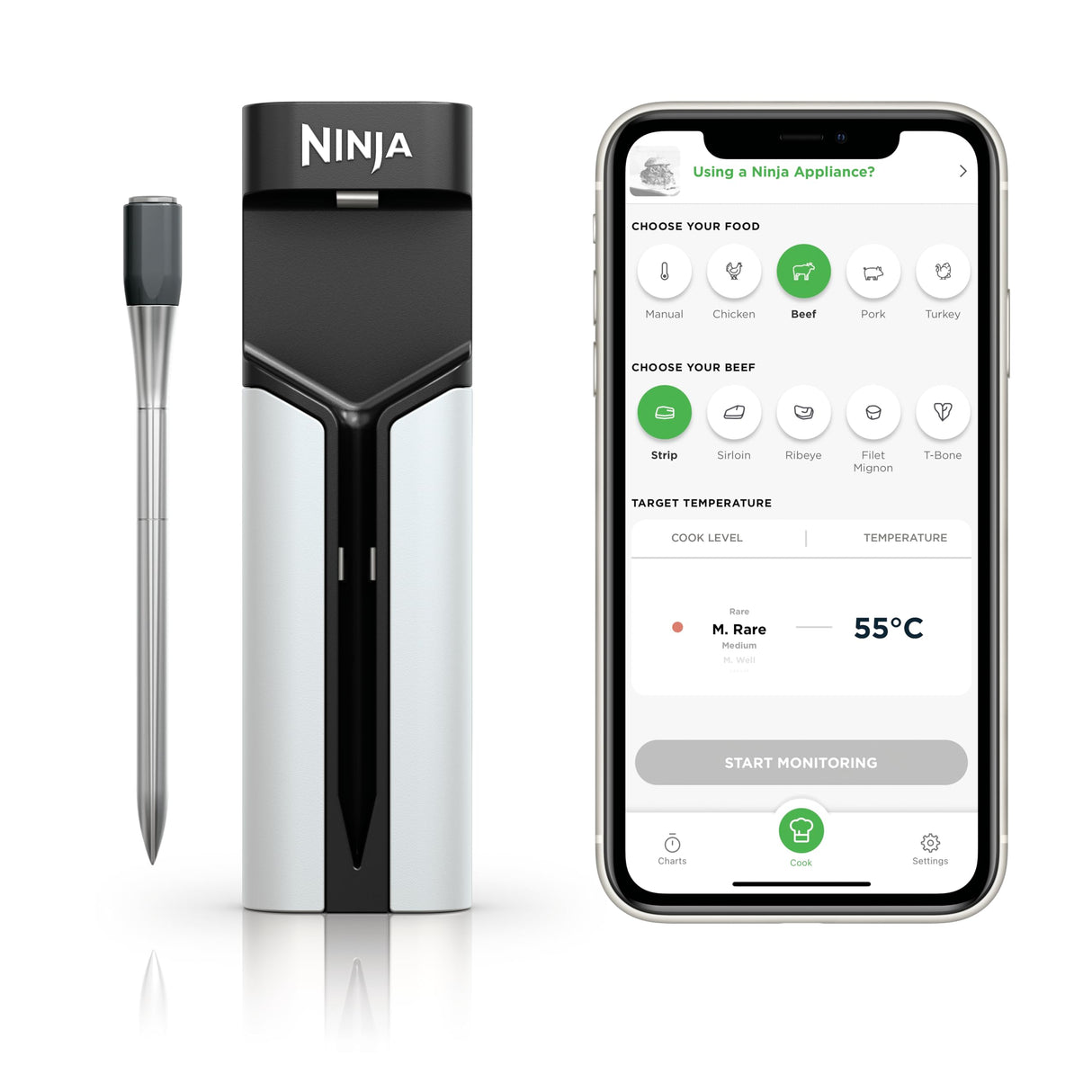 Ninja ProChef Sensor digital de cocina inalámbrico, uso exterior e interior, cocinar, asar y freír con aire, resistente al agua, Bluetooth alcance 50m, conexión a app, automomía 30 h, WP100EU
