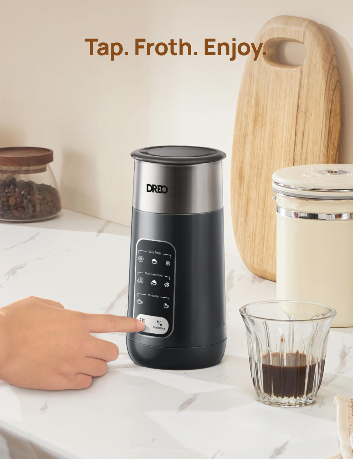 Dreo Espumador de leche, espumador eléctrico 8 en 1 para café latte art, 270 ml, espuma caliente y fría, espumadores automáticos para leche láctea y no láctea, LED, fácil de limpiar, aire BaristaMaker