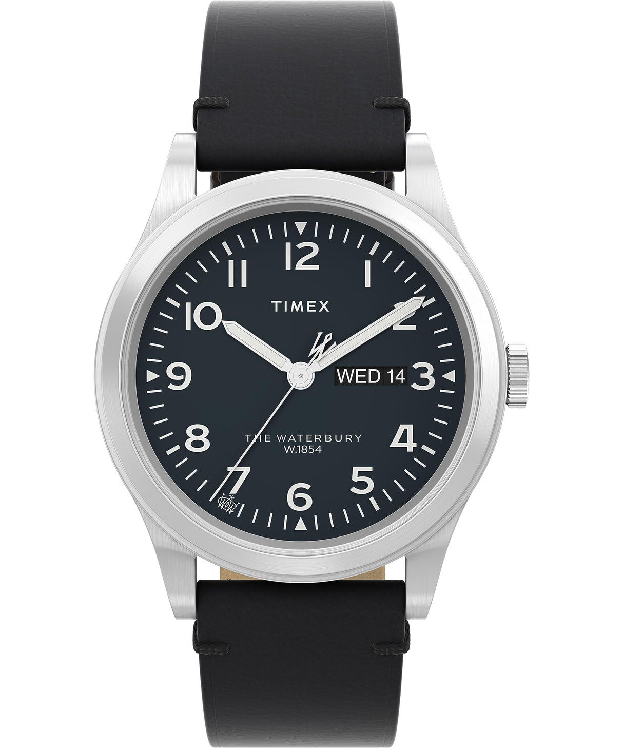 Timex Waterbury - Reloj de 39 mm para hombre, correa de liberación rápida de cuero negro de dos piezas, esfera negra, caja de acero inoxidable TW2W14700