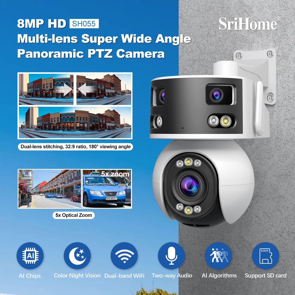 OBA SH055: Cámara de Seguridad 8 MP con AI, Zoom óptico 5X, visión Nocturna Starlight, Audio, Triple Lente