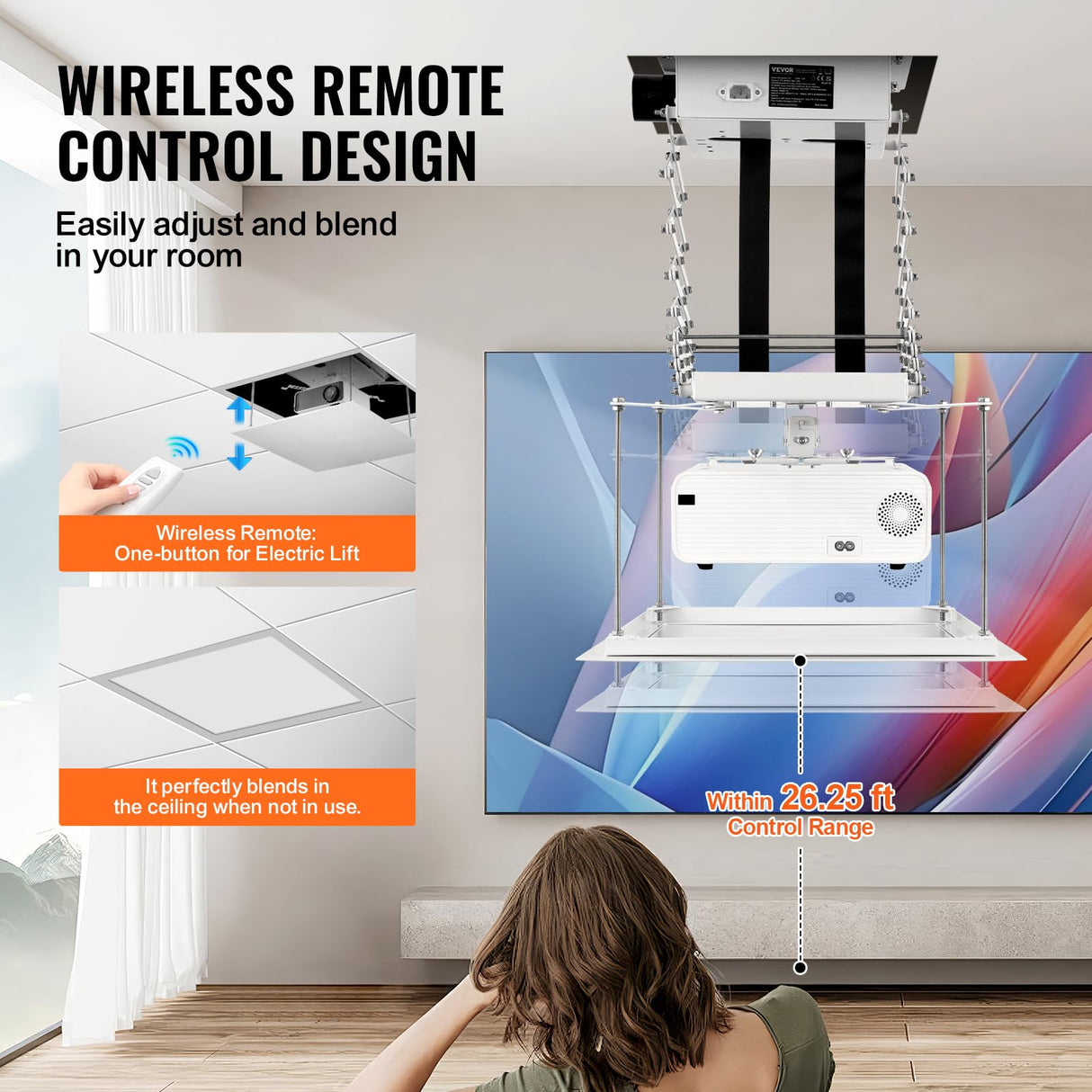 VEVOR Elevador de Proyector Motorizado Elevador de Proyector Eléctrico de Altura Ajustable de 1,5 m, Soporte de Techo para Proyector Oculto con Control Remoto y con Cable para Hogar, Oficina, Blanco