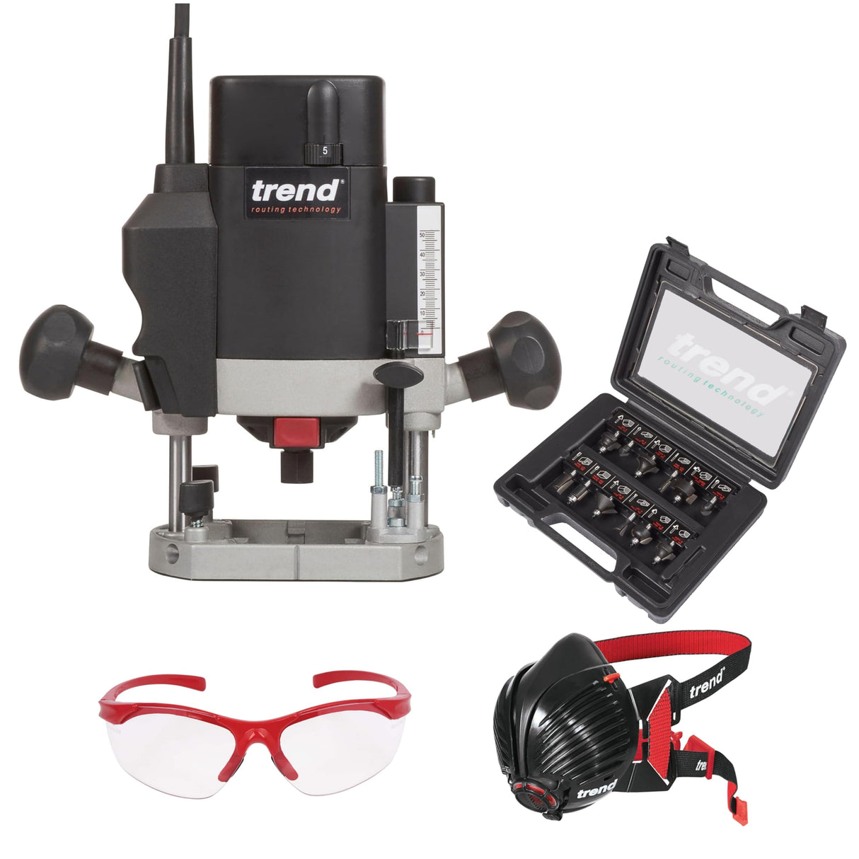 Trend T5 Kit de Inicio Definitivo para Fresado, T5EK/MK2/EU Fresadora de Inmersión de Velocidad Variable (1000W, 8mm, 230V), Juego de 12 Fresas de 8mm, Máscara y Gafas, T5/START/SET/E
