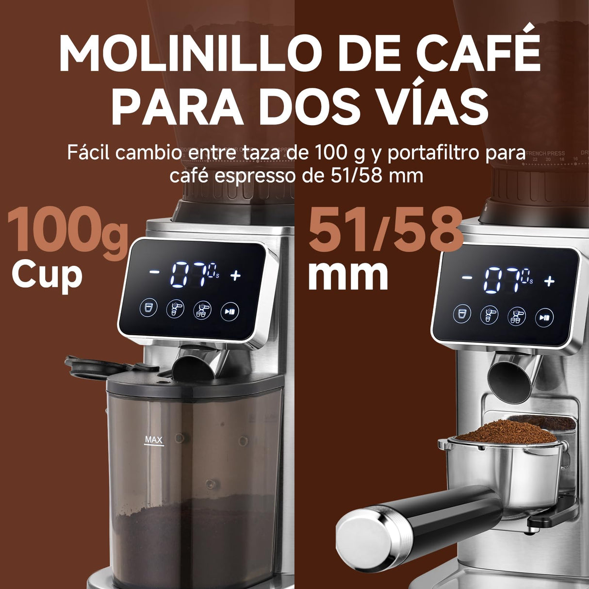 AMZCHEF Molinillo de Café Eléctrico con Soporte Desmontable y Contenedor | Panel Táctil LCD | 24 Regulable de Molido Molinillo de Café con Muelas para Espresso/Drip/Pour Over/Cold Brew/French Press