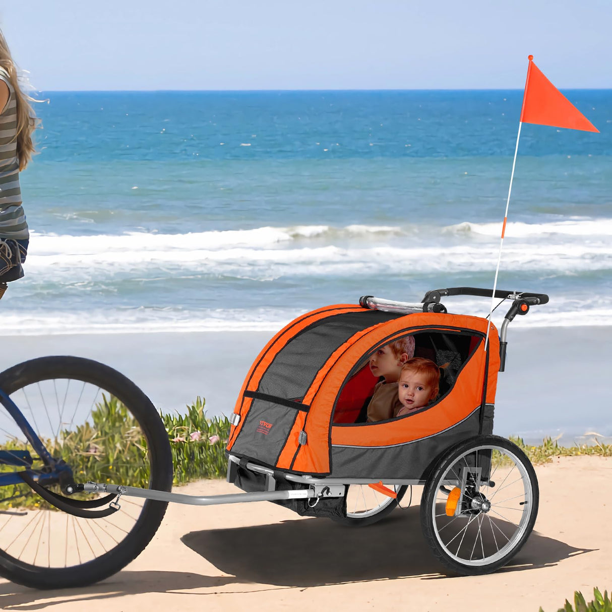 VEVOR Remolque de Bicicleta para Niños Asiento Doble Carga 45 kg Portaequipajes Transformable en Cochecito Remolque de Bicicleta para Niños Plegable con Enganche Universal para Bicicleta, Naranja Gris