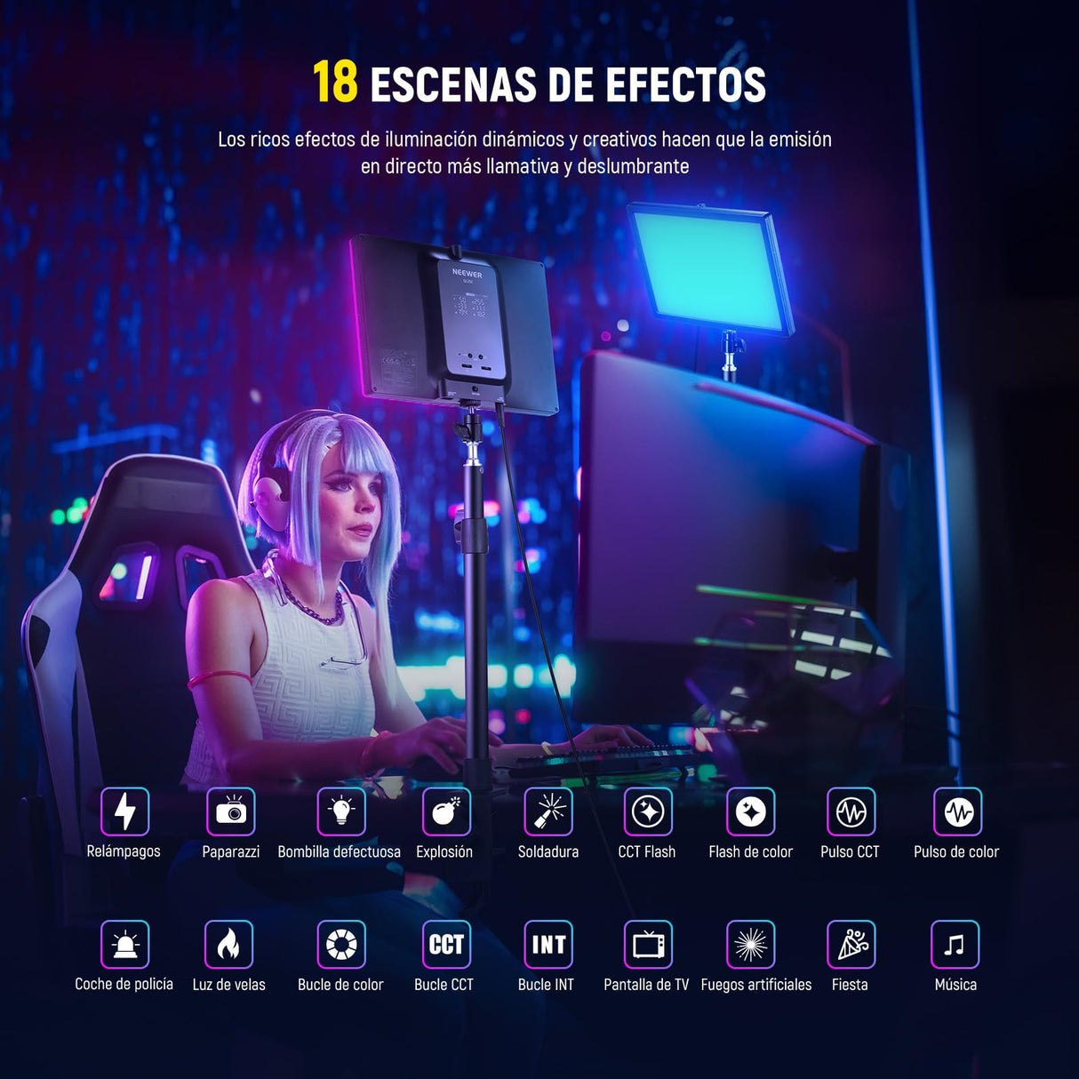 NEEWER GL25C LED RGB Streaming Key Light, App/PC/Stream Deck Control 25W 2500Lux/0.5m 2900K-7000K CRI95+/TLCI97+ Full RGB Regulable Borde Emitiendo Silencio Cámara Video Luz con Soporte de Escritorio