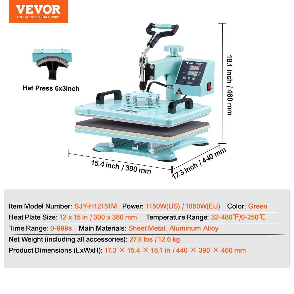 VEVOR 2 en 1 Máquina de Prensado por Calor con Prensa para gorras, 300 x 380 mm, Máquina de Prensa Térmico con Giro de 360° con Control Digital Preciso para Camiseta, Taza, Sombrero y Plato, Verde