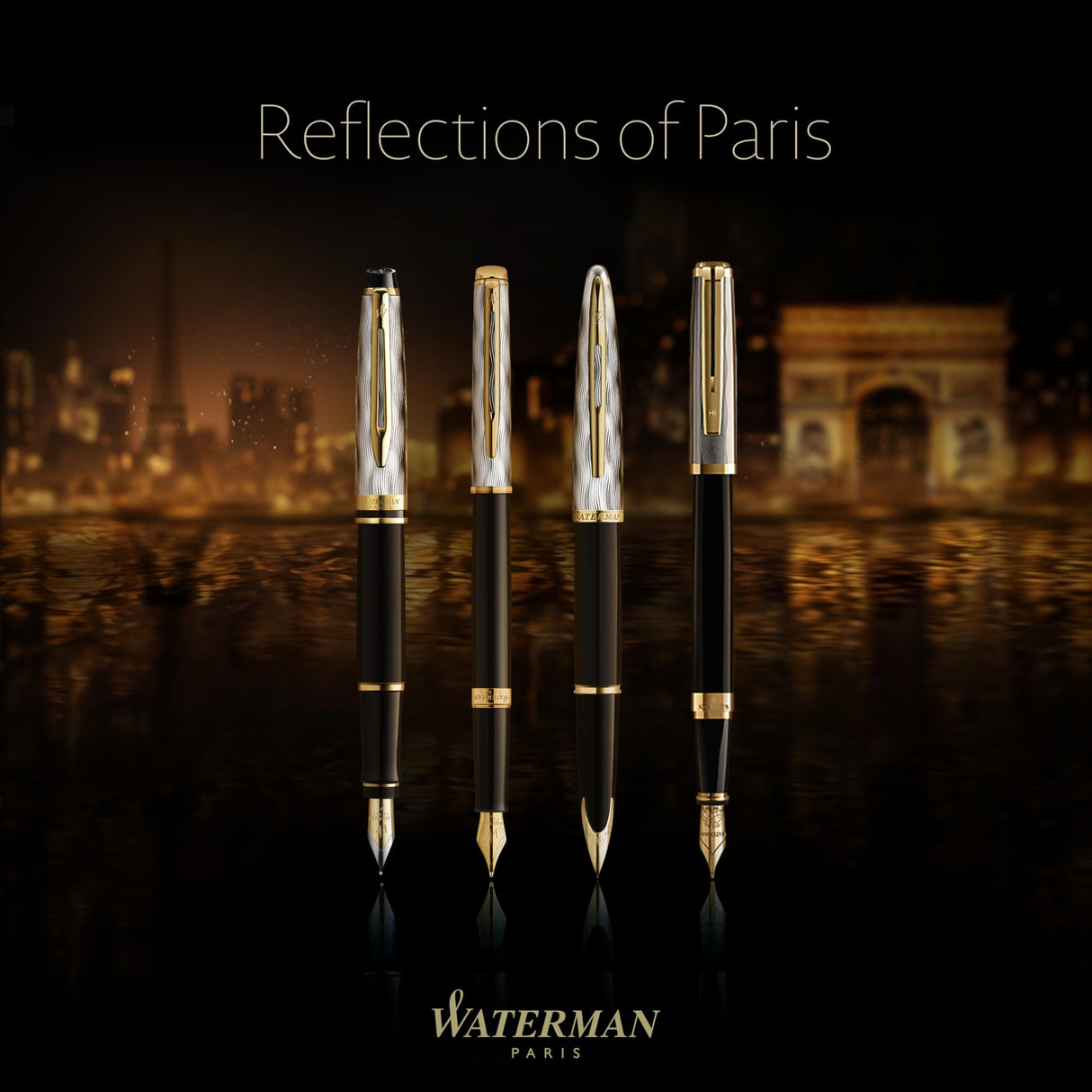 Pluma estilográfica Waterman Expert, en metal y lacado negro con adorno dorado, capuchón cincelado, plumín mediano de acero inoxidable