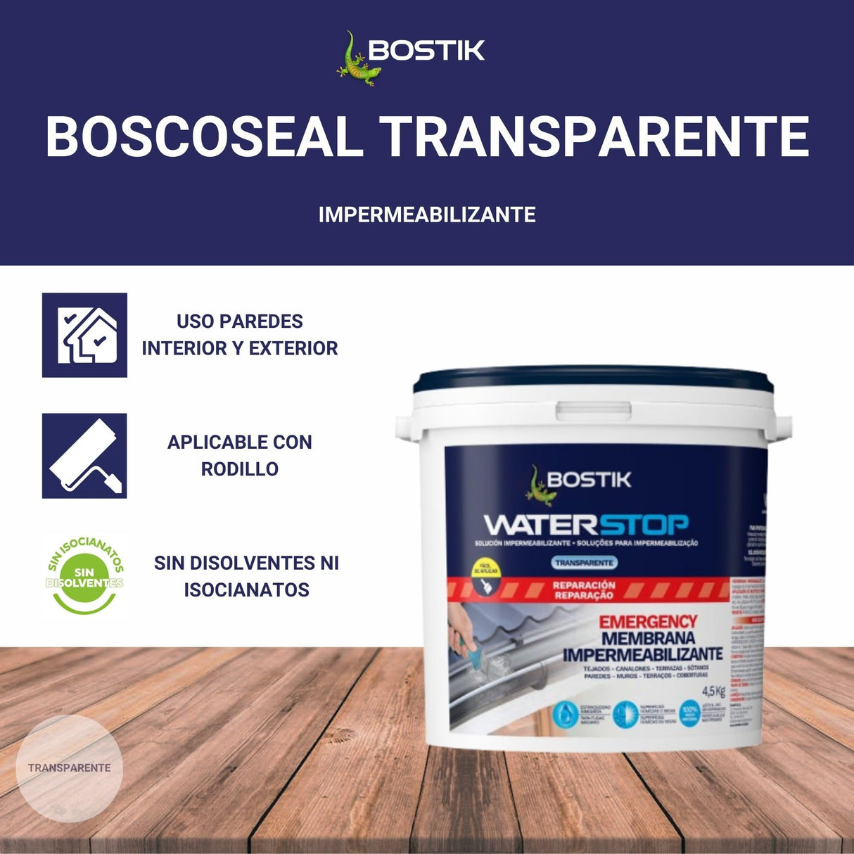 BOSTIK Waterstop Impermeabilizante de Reparación Transparente - Estanqueidad Inmediata, Superficies Húmedas o Secas, sin Imprimación, Multimaterial, Fácil de Aplicar, Interior y Exterior, Bote 4,5 kg