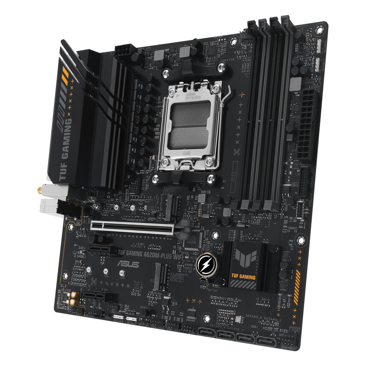 ASUS TUF Gaming A620M-PLUS WiFi Placa Base Micro-ATX AMD A620 (2.5Gb Ethernet, Wi-Fi 6, 2 x DP, HDMI, USB 3.2 Gen 1, USB 3.2 Gen 1 Type-C, BIOS Flashback, cancelación de Ruido, Aura Sync), Negro