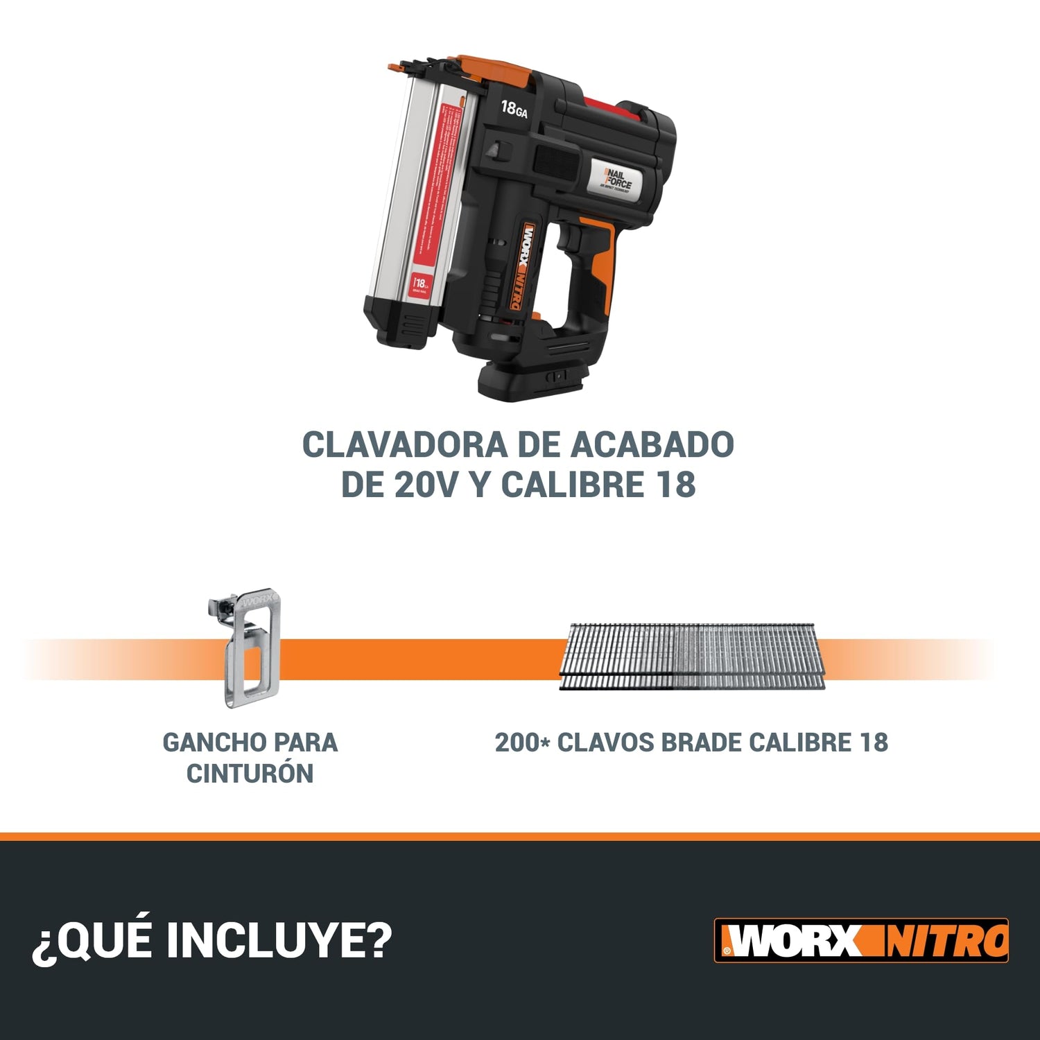 WORX Clavadora a batería 20V - 18GA PowerShare | WX842.9 | Clavos de 1,2mm y hasta 50mm de largo