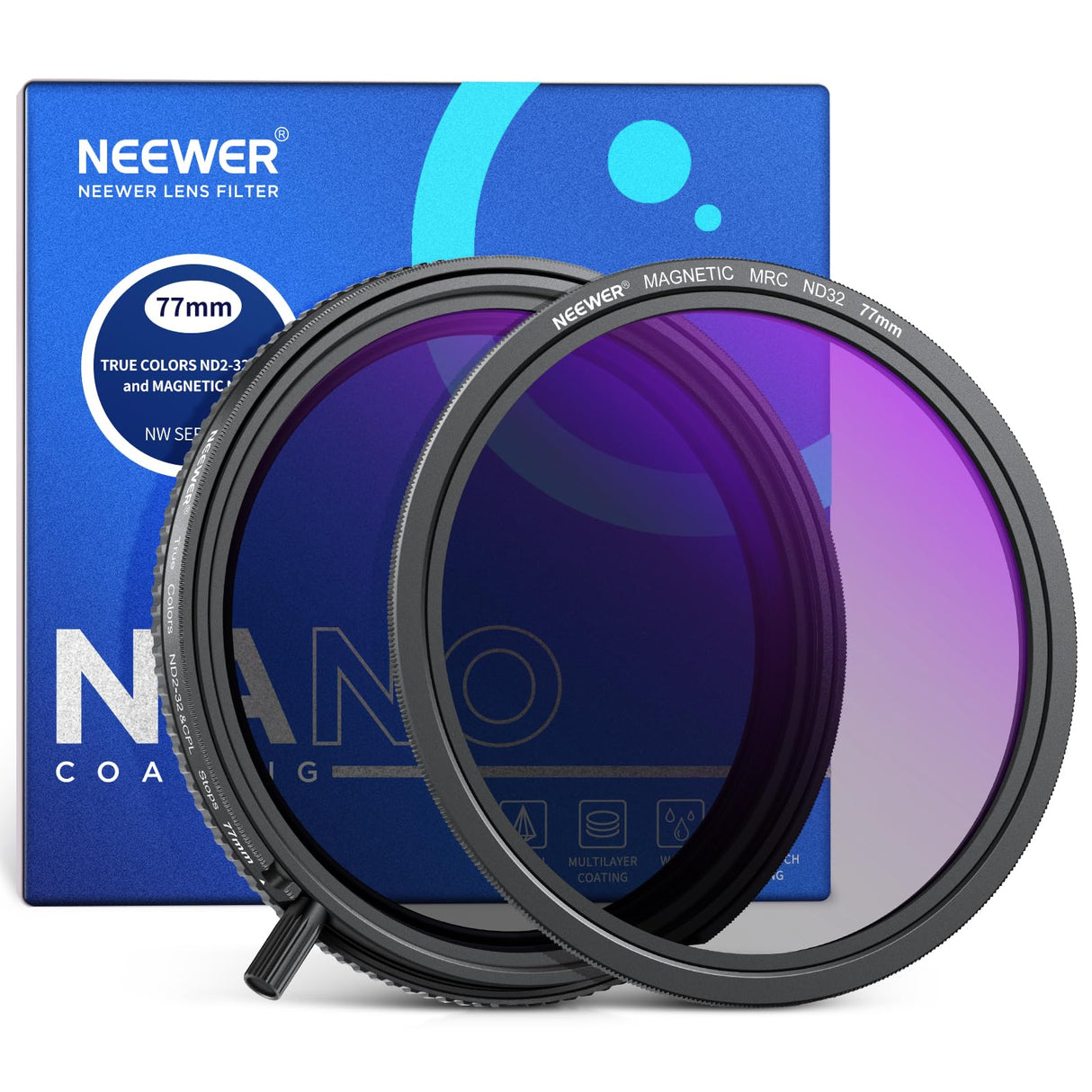 NEEWER True Colors 77mm Variable ND2-32 y CPL con Filtros Set Magnéticos ND32, 2 en 1 Ajustable Uno Giratorio Reducción de Luz, Eliminación de Reflejos, sin Cambio de Color, sin Cruz X, sin Viñetas