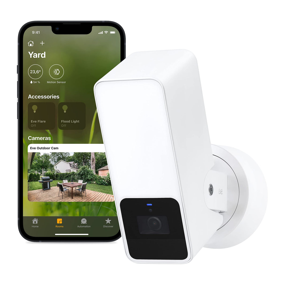Eve Outdoor Cam (White Edition) – Cámara Segura con Foco, Máxima Seguridad y Privacidad (HomeKit Secure Video), Visión Nocturna, Wi-Fi, Sensor de Movimiento, Comunicación Bidireccional