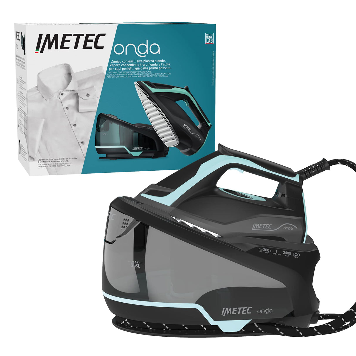Imetec Onda P1, Centro de planchado, Suela Exclusiva a Ondas Patentada, 2400 W, golpe de Vapor 300 g, 3 Filtros Antical con Iones de Plata, Tecnologia No Stop Autonomía Ilimitada