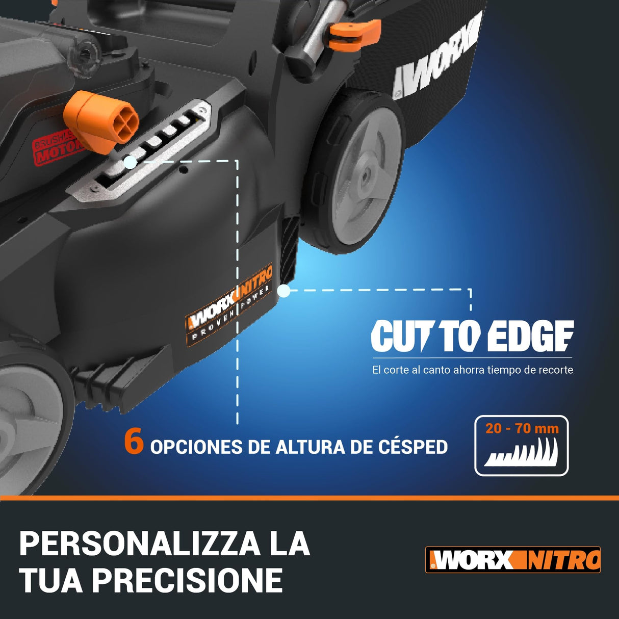 WORX Cortacésped WG737E Nitro con batería de 40 V (2 x 20 V), Potente Motor sin escobillas, Ancho de Corte de 37 cm, 6 Niveles de Altura de Corte (20 – 70 mm), Saco recogedor de césped de 40 l,