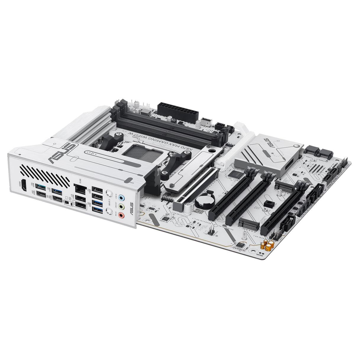 ASUS X870 MAX Gaming WIFI7 - Placa Base AMD X870 ATX, Blanco, 12+2+1 DrMOS, DDR5, PCIe 5.0, Q-Release, M.2, WiFi 7, WiFi Q Antenna, 2.5Gb Ethernet, HDMI, USB4, USB Tipo-C, BIOS Flashback, Aura Sync