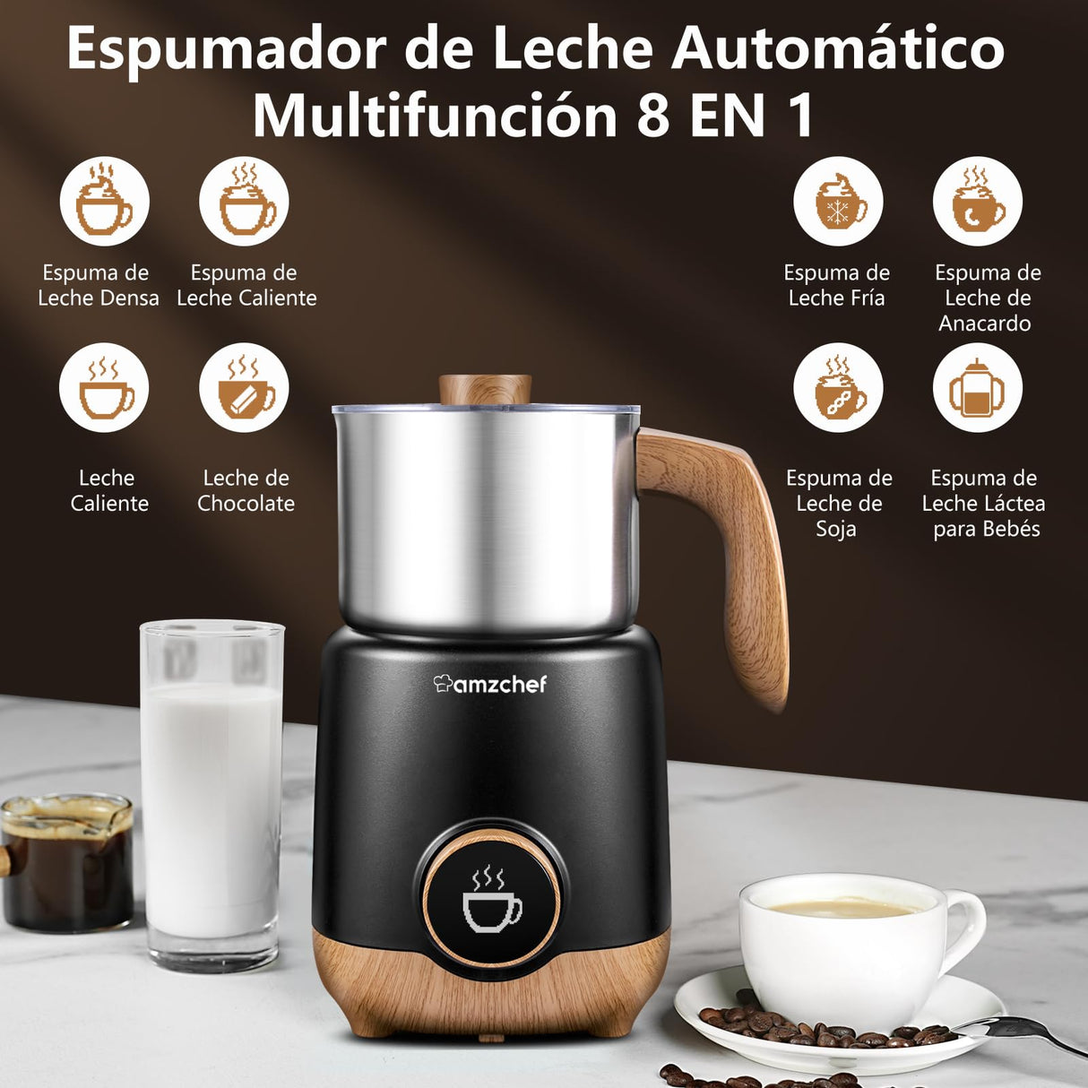 AMZCHEF 8-IN-1 Espumador de Leche Electrico 550 W | 600ml Calentador de Leche para Espumar Leche Caliente y Fría, Leche Caliente, Leche con Chocolate, Comida para Bebé a Base de Leche | Negro