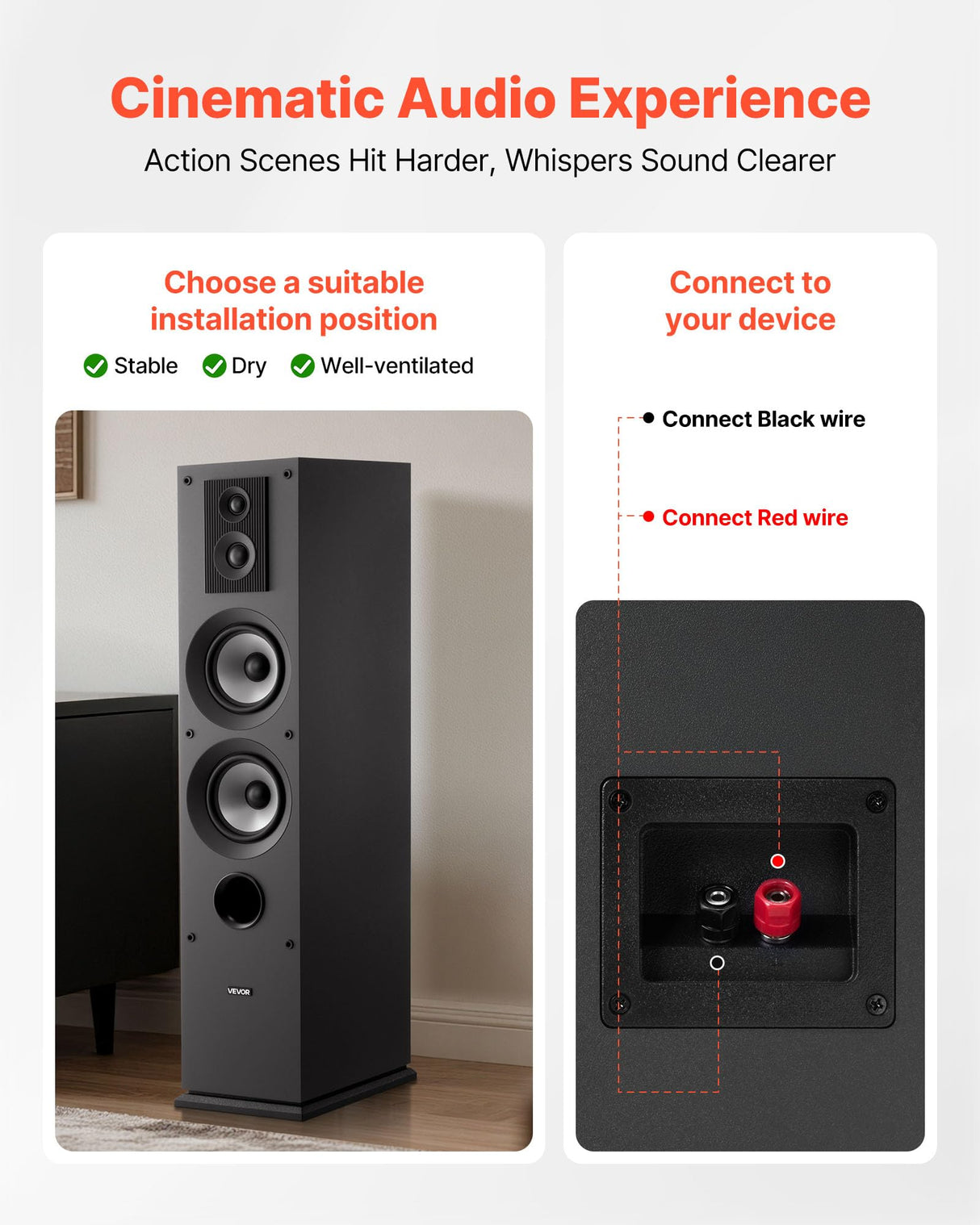 VEVOR Altavoz de Suelo de 3 Vías, con Tweeter de 1,91/2,54 cm, Dos Woofers de 13,34 cm, Potencia Máxima de 145 W, Respuesta de Frecuencia de 70 Hz a 20 kHz, Carcasa de MDF, para Audio Doméstico