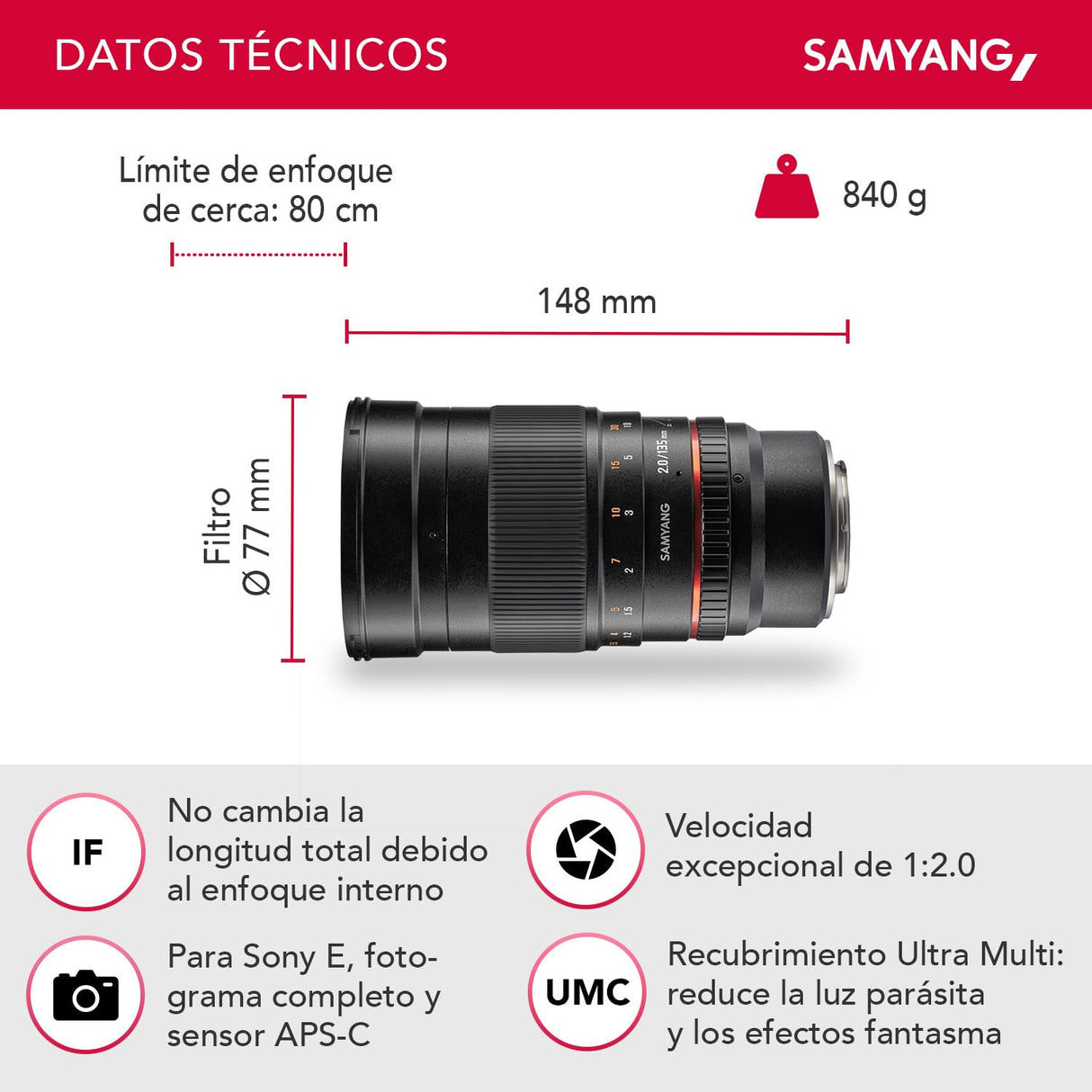 Samyang F1112206101 - Objetivo fotográfico DSLR para Sony E (Distancia focal Fija 135mm, Apertura f/2-22 ED UMC, diámetro Filtro: 77mm), Negro