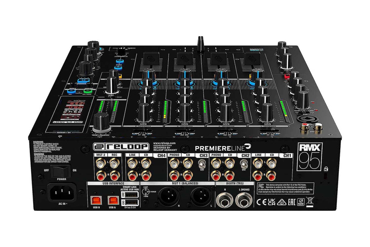 Reloop RMX-95 | Clubmixer de 4+1 canales para DJs con interfaz de alta calidad de 24 bits, unidad FX, filtros de sonido, modo EQ Neural Mix™ y hub USB activo