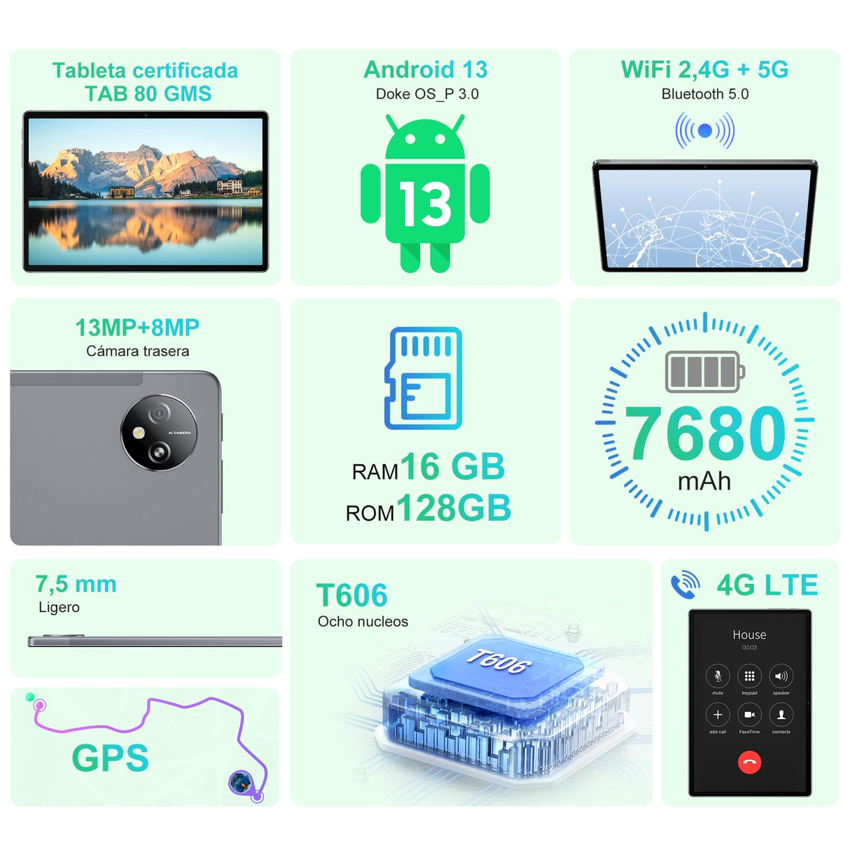 Blackview Tablet 10 Pulgadas Android 13 Tab80 16GB RAM+128GB ROM(1TB TF), 4G LTE&5G WiFi Tablet, Tableta 7680mAh, 13MP+8MP, Widevine L1, Octa Core, GMS, GPS, Bluetooth 5.0