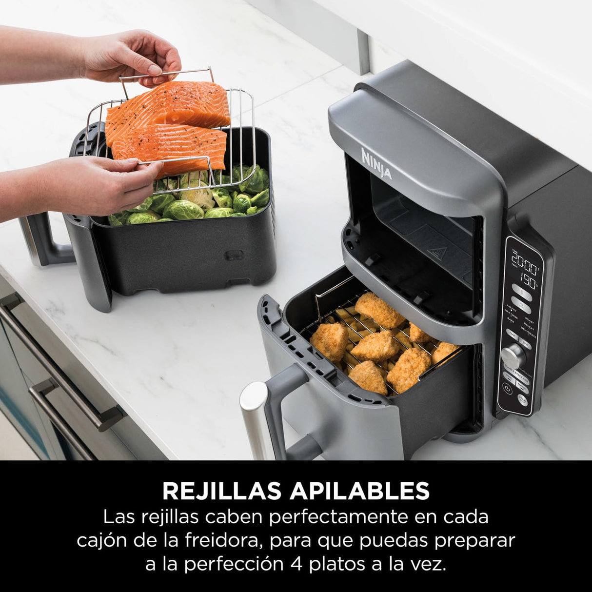 Ninja Double Stack XL Freidora de aire, 9,5 l, Doble cesta vertical, 4 niveles de cocción, 2 cestas y 2 rejillas, diseño para ahorrar más espacio, 6 funciones de cocción, 8 porciones, en gris, SL400EU