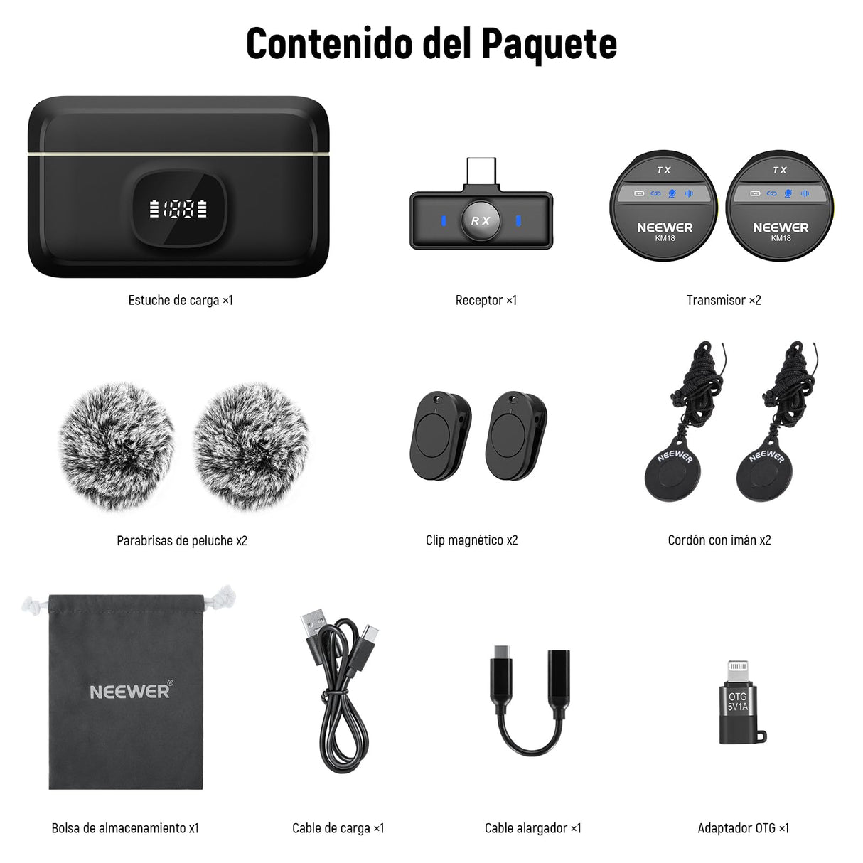 NEEWER Micrófono Lavalier Inalámbrico para iPhone Mini Mic Solapa Set Cancelar Ruido y Estuche de Carga USB C OTG Batería 24H 200m Alcance Compatible con iPhone 16 15 Android PC Portátil, KM18