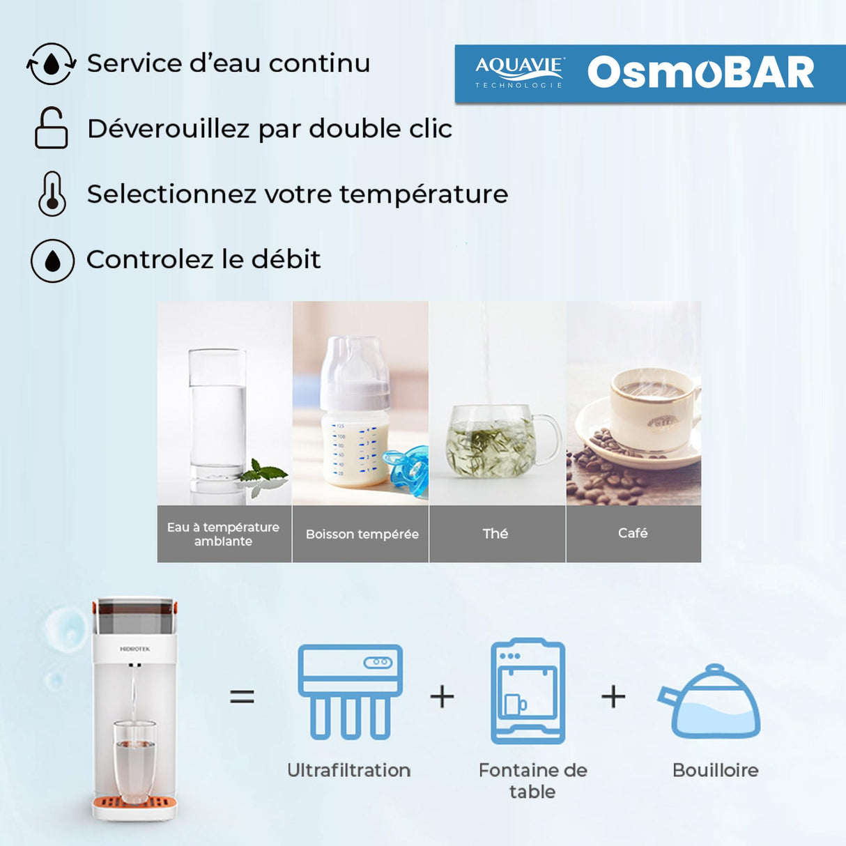 Aquavie Technology - OsmoBAR - Fuente de Agua purificada por ultrafiltración - Dispensador instantáneo de Agua templada y Caliente - Depósito de 1,1 L