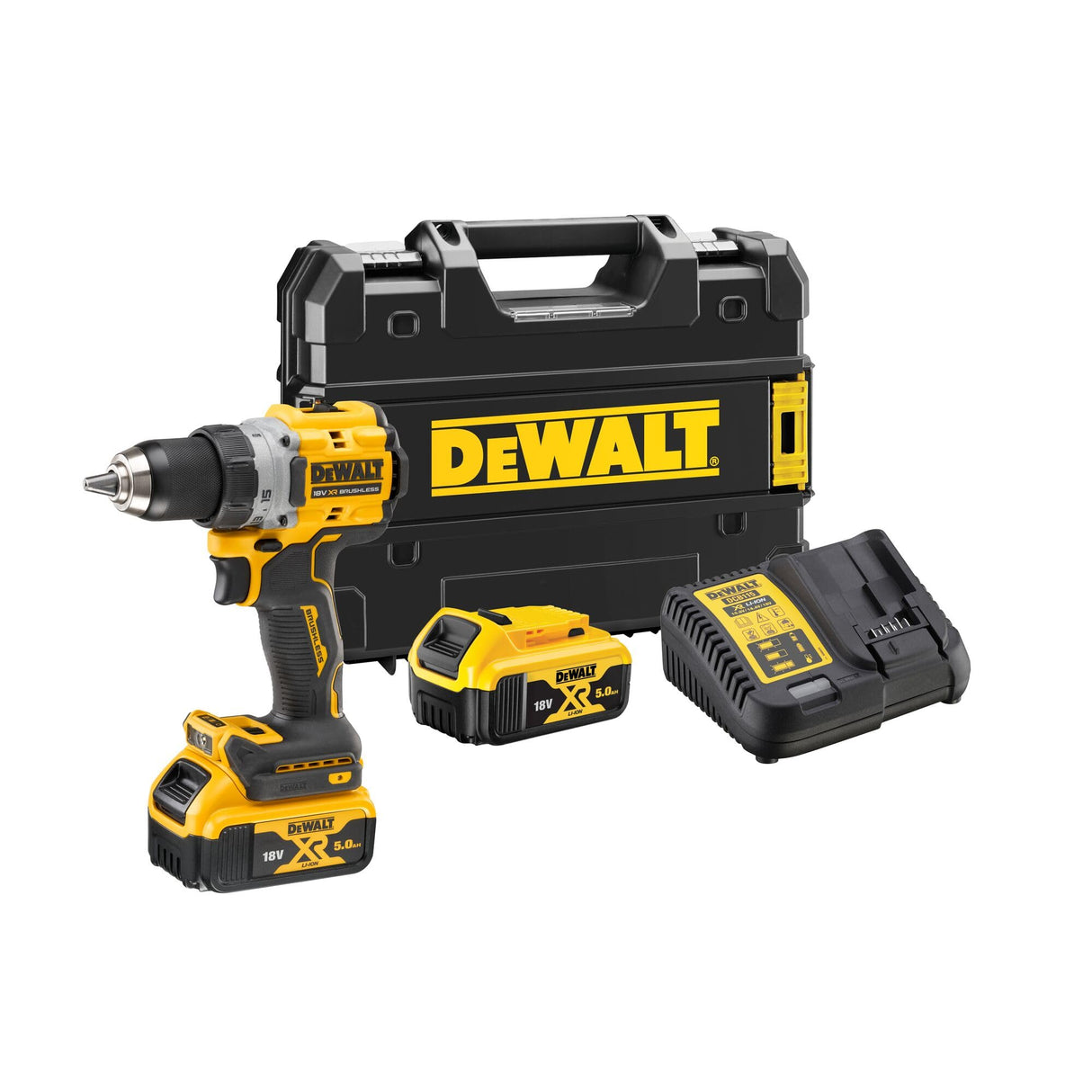 DEWALT DCD800P2T-QW - Taladro atornillador 18V, 2 velocidades, Motor sin escobillas, Portabrocas rápido de 13 mm, Luz LED, Incl. 2 baterías de 5,0 Ah, cargador y caja TSTAK