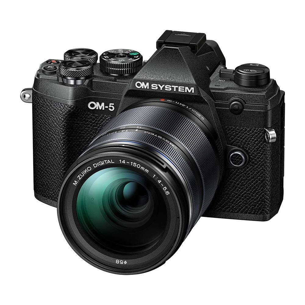 OM SYSTEM OM-5 Cámara con Sistema Micro Four Thirds con Objetivo M.Zuiko Digital 14-150mm F4-5.6 II, Sensor Live Mos de 20 MP, Estabilización de Imagen Mejorada de 5 Ejes, IP53, Negro/Negro