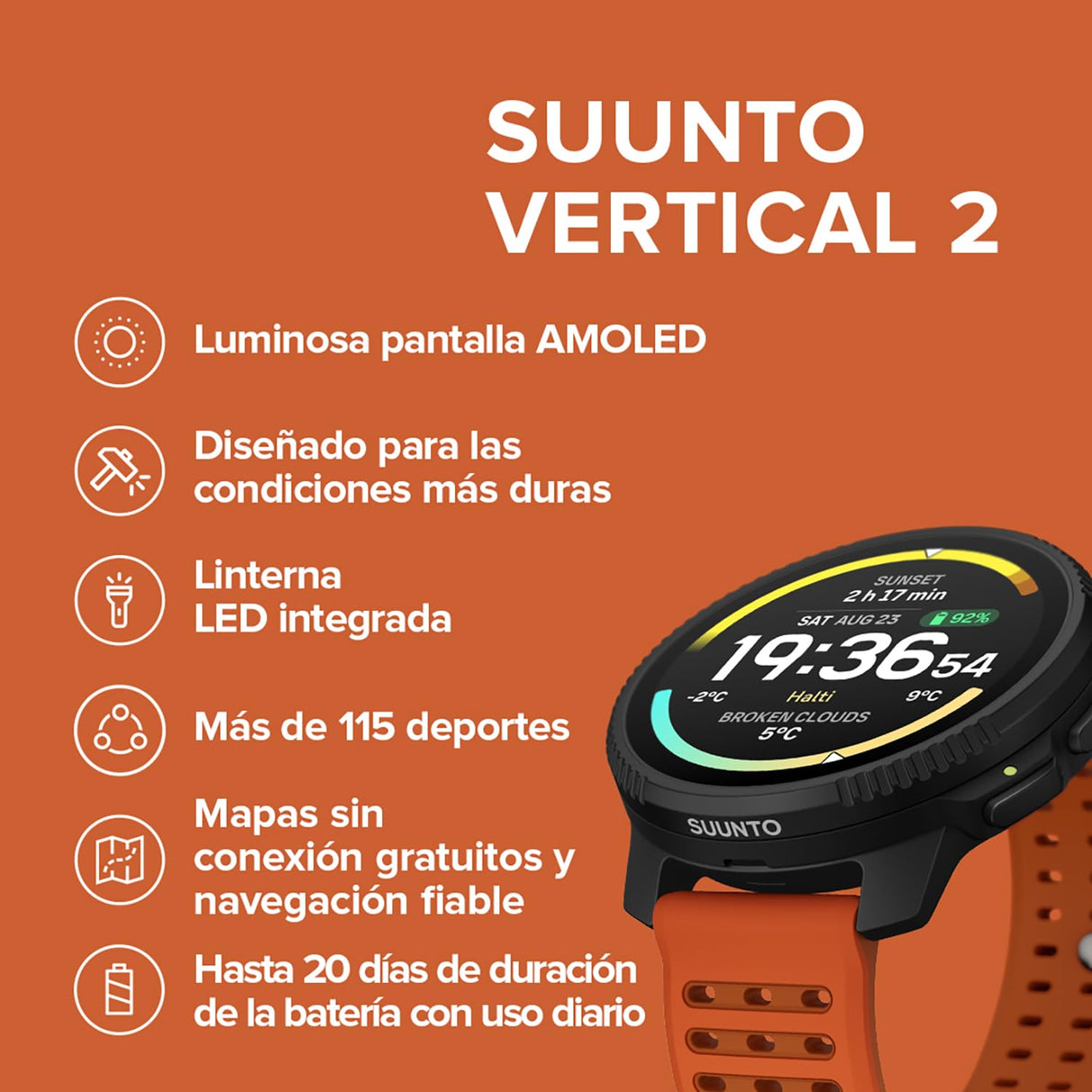 SUUNTO Vertical 2 Reloj GPS Robusto, Pantalla AMOLED, Linterna, 20 días de batería, mapas Offline y 115+ Modos Deportivos. Ideal para Aventuras y Uso Diario