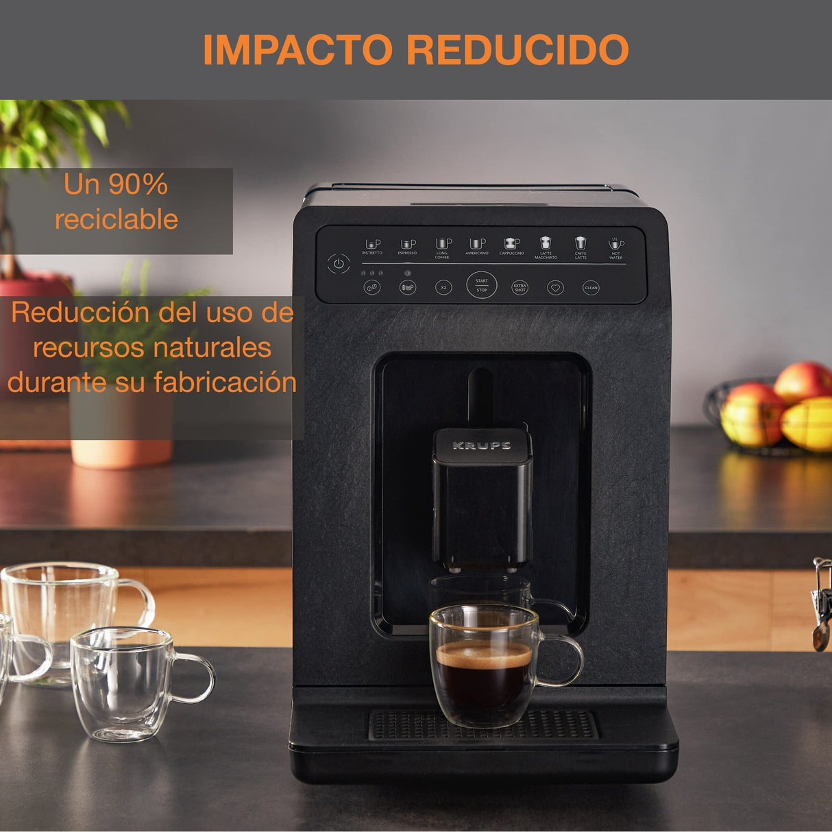 Krups Evidence Eco Design EA897B - Cafetera superautomática 15 bares, 8 programas café, 5 grados de molienda, programa limpieza, indicador cal, molinillo integrado