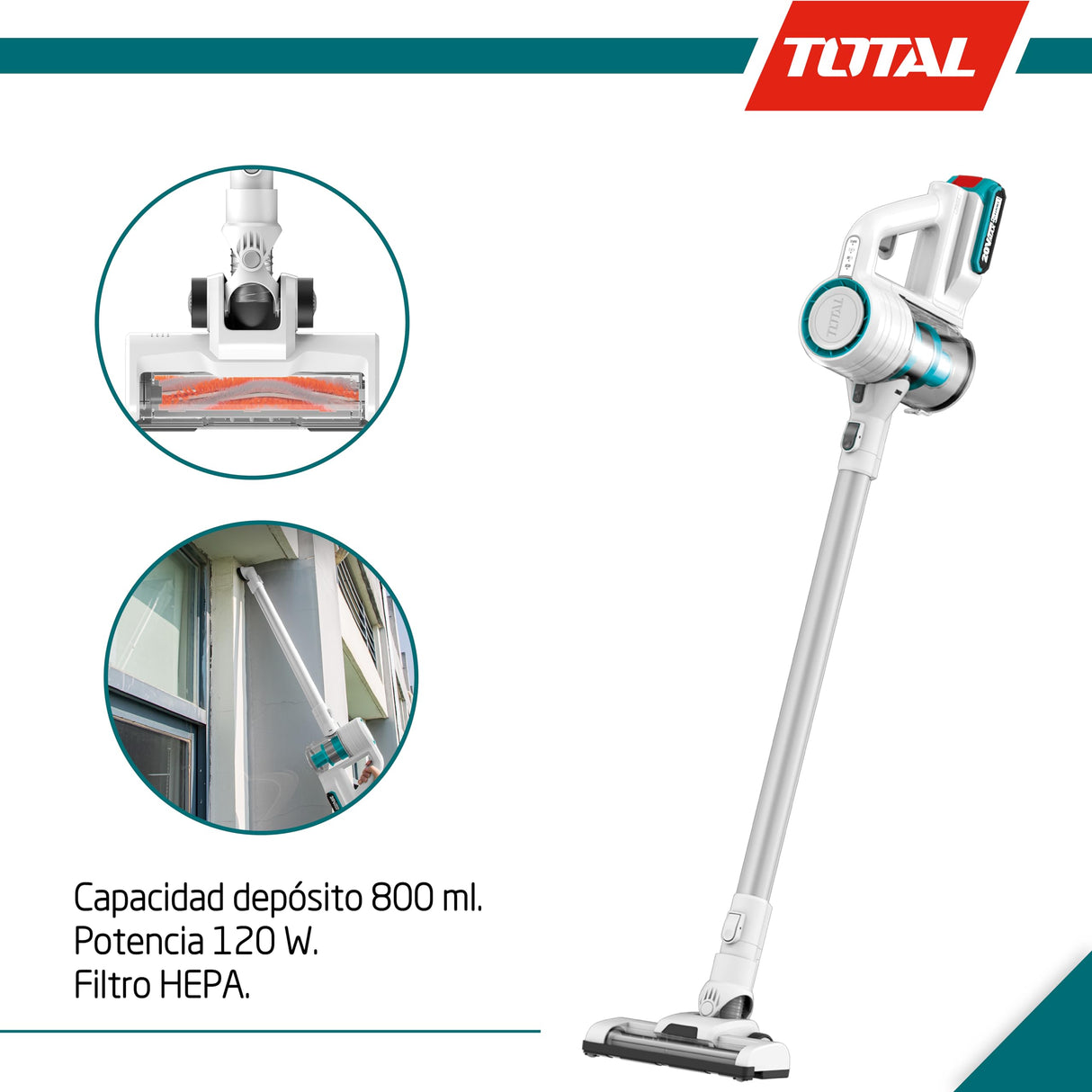 TOTAL - Aspirador Inalámbrico a Batería P20S de 20 V | Aspiradora Tipo Escoba| Depósito de 800 ml | Aspiradora Ciclónica y Vertical sin Bolsa | Filtro HEPA | Incluye 1 Batería de 2 Ah y Cargador