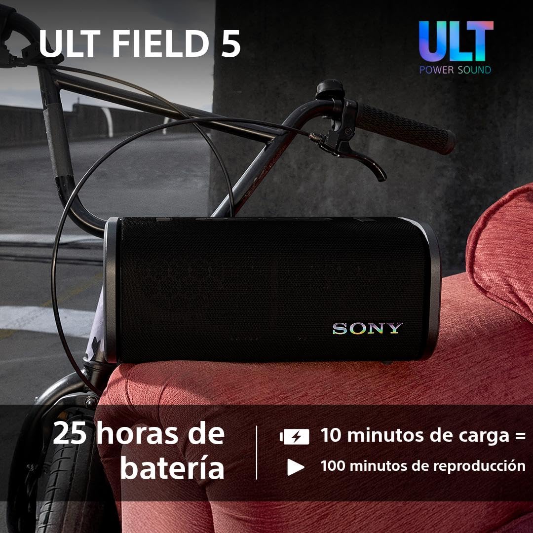 Sony ULT Field 5, Altavoz portátil Bluetooth Potente, 25 H de batería, 2 Modos ULT Power Sound, Resistente al Agua y al Polvo, 360 Luces, Correa Extraible para el Hombro, Compacto, Negro