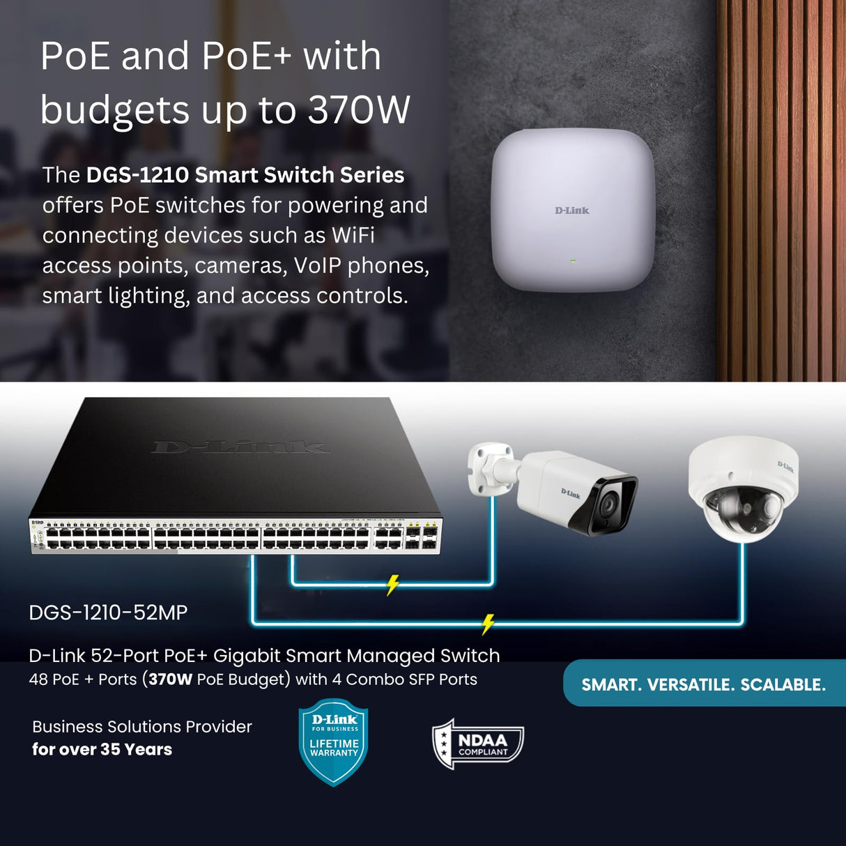 D-Link DGS-1210-52MP - Switch PoE 52 Puertos Gigabit y 4 Puertos SFP Combo (48 x PoE máx. 30 W por Puerto hasta un Total 370 W máx., Altura 1U, VLAN automática para Video vigilancia y telefonía IP)