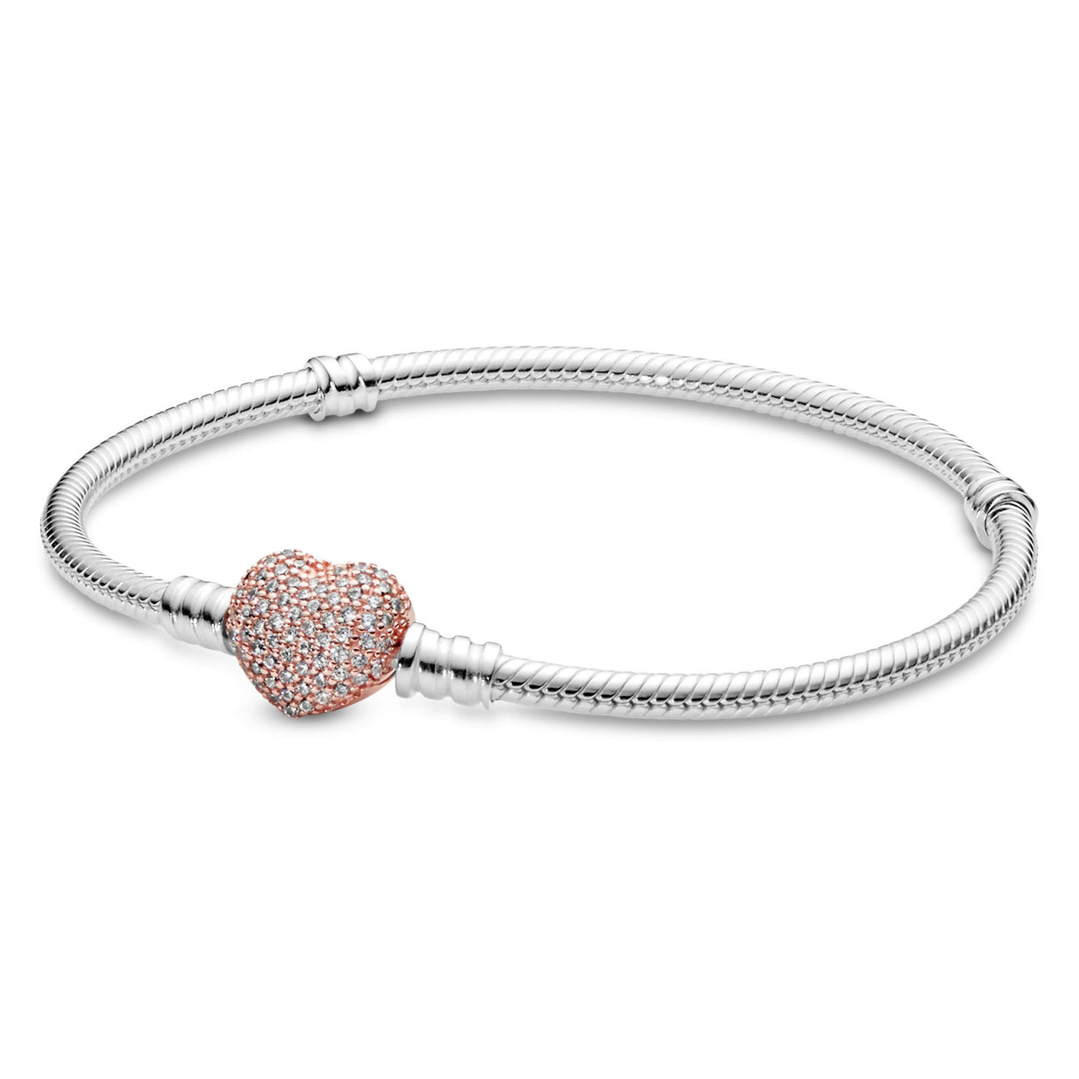 Pandora Icons Pulsera de plata con cadena de serpiente con cierre de corazón chapada en oro rosa de 14 quilates y circonitas cúbicas transparentes, 19