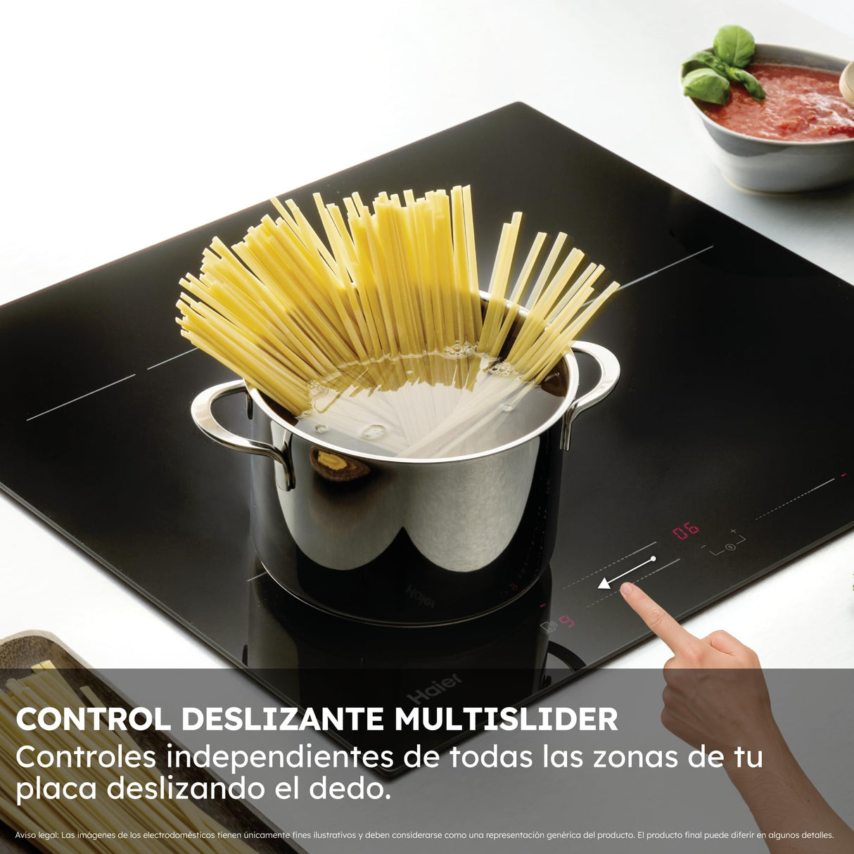 Haier Series 4 HAIDSJ63MC Placa de Inducción, 3 Fuegos, Ancho 60cm, Panel de control táctil Multislider, Conectividad WIFI, 9 niveles de potencia, Paellero Doble Corona, Potencia 7,1KW, Cristal Negro