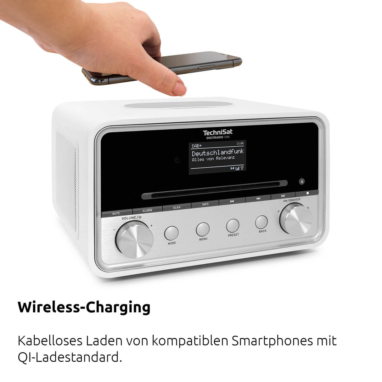 TechniSat DIGITRADIO 586 - Radio híbrido Dab+ (Radio por Internet, FM, Bluetooth, Spotify, Carga inalámbrica, Control por App, Pantalla OLED, USB, CD,MP3, AUX, 20 W, Equipo Compacto, Control Remoto)