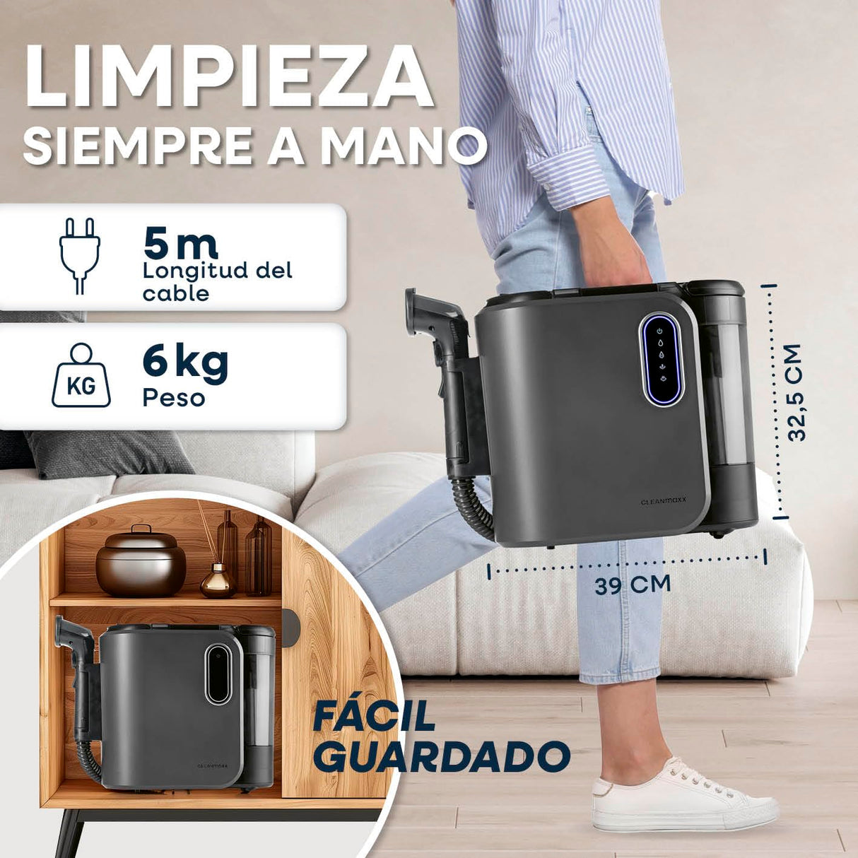 CLEANmaxx Limpiador de tapicería y alfombras Pro Steam | 3 en 1: limpiador de tapicería, limpiador de puntos, limpiador de manchas con tecnología de agua caliente y vapor para alfombras, coches