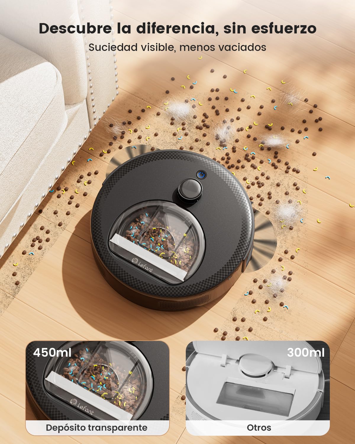 LEFANT M330 Robot Aspirador y Fregasuelos con Mapeo 3 en 1, Navegación dToF, 5000Pa, 150min, Evitación de Obstáculos PSD 190°, WiFi/Alexa 2,4GHz y 5GHz, Ideal para Pelo de Mascotas y Alfombras