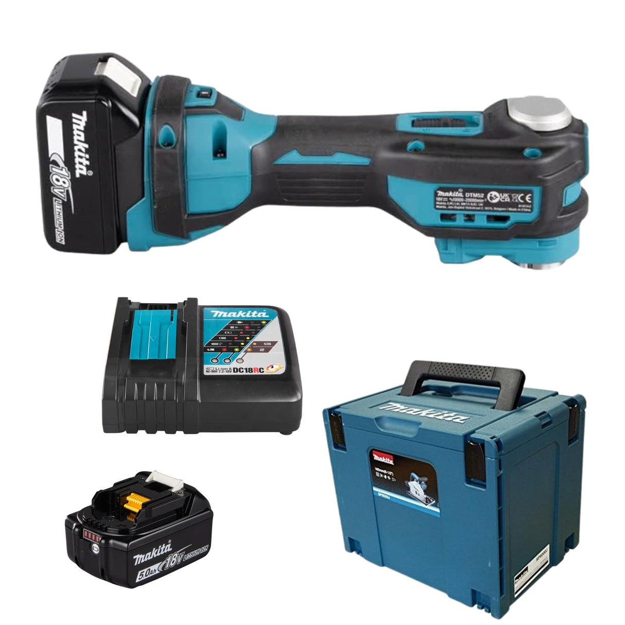 Makita DTM52T1JX2 - Herramienta multifunción (18 V, 5,0 Ah, 1 batería, cargador y 44 accesorios), color azul
