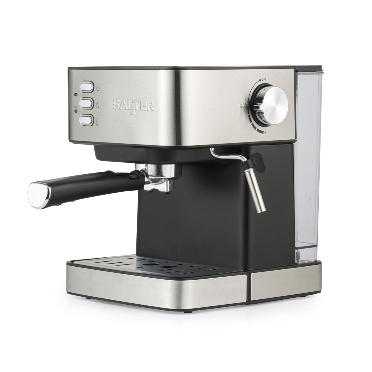 Salter - Máquina de café expreso manual con espumador de leche, compatible con café molido, bomba de presión italiana de 15 barras, tanque de agua desmontable de 1,6 l, incluye cuchara medidora,