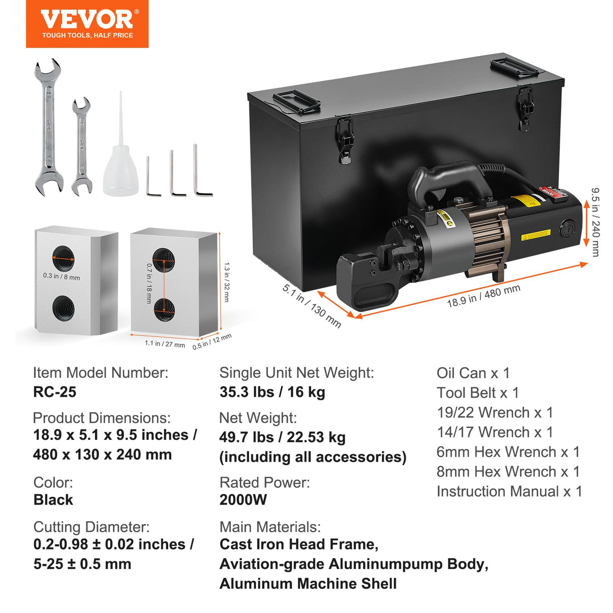 VEVOR Cortadora de Varillas de Refuerzo Hidráulica Eléctrica Portátil de 2000 W, hasta 4 a 25 mm en 3,5 Segundos, Acero de Alta Potencia con Accesorios Ricos en Aceite, Negro, 480 x 130 x 240 mm