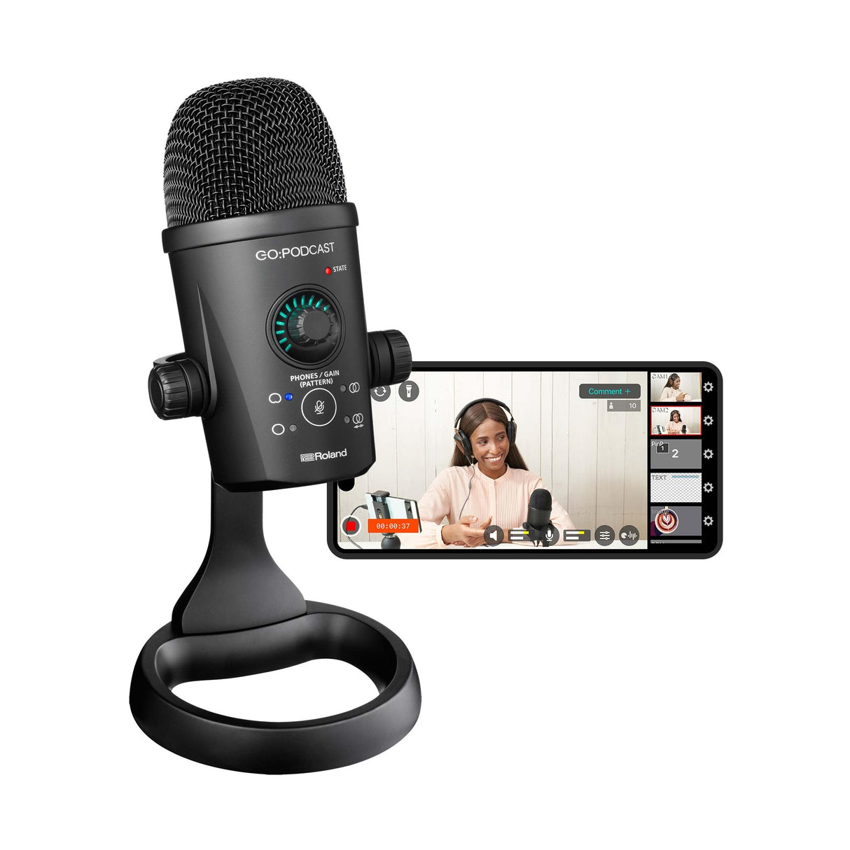 Roland Estudio de podcasting de vídeo para Smartphones GO:Podcast | Sencillo Sistema de livestreaming para podcasters, videobloggers y más | Intuitiva App de vídeo | Micrófono USB