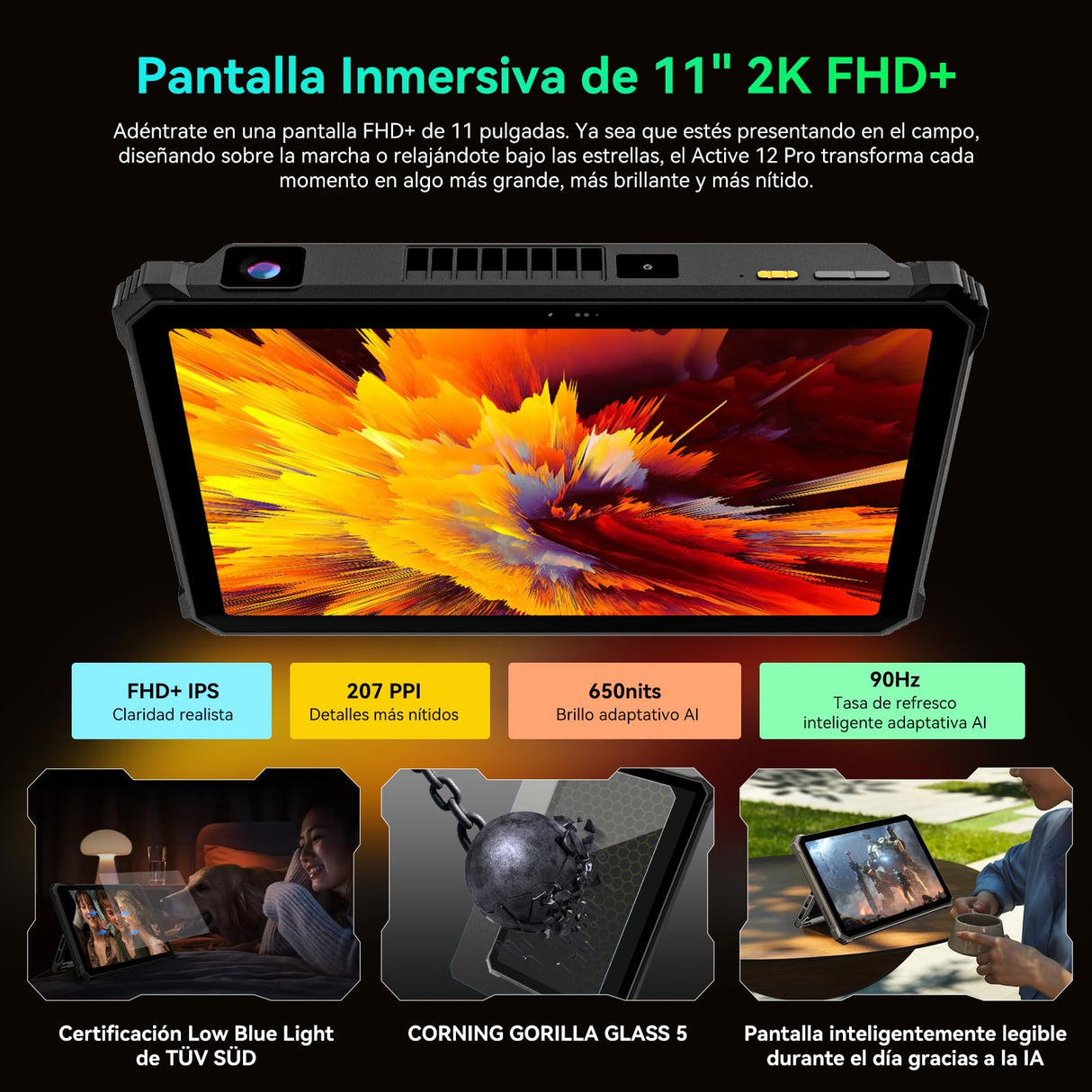 Blackview Active12 Pro Tablet Rugerizada con Proyector de 120", 30000 mAh/Cargador de 120W, 36GB RAM + 256GB ROM, 11 Pulgadas FHD+ Android 15 Rugged Tablet, 108MP + 50MP, Dimensity 7300/Doble 5G LTE